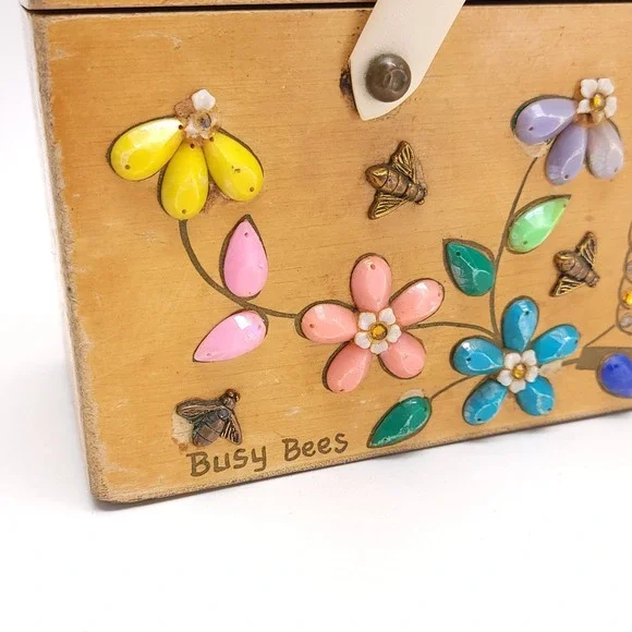 Enid Collins Of Texas 1960's Wood Box Purse "Busy‎ Bees" Boho Vintage Handbag - Picture 5 of 13